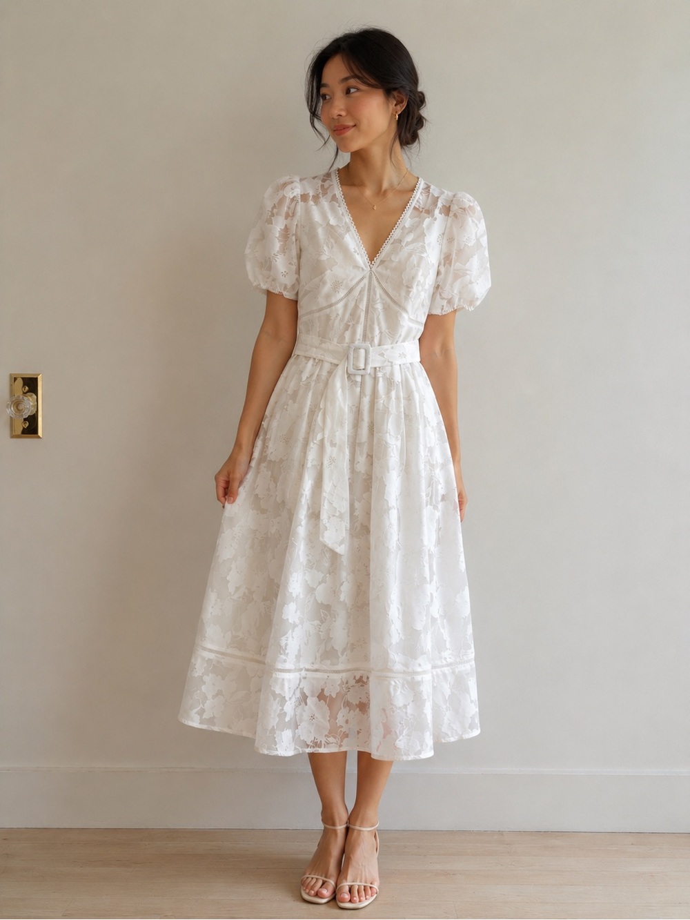 Lipsy White Lace V-Neck Midi Dress with Belt